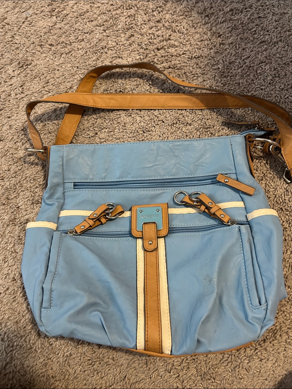 Rosetti Light Blue and Tan Crossbody Bag with Cream Trim